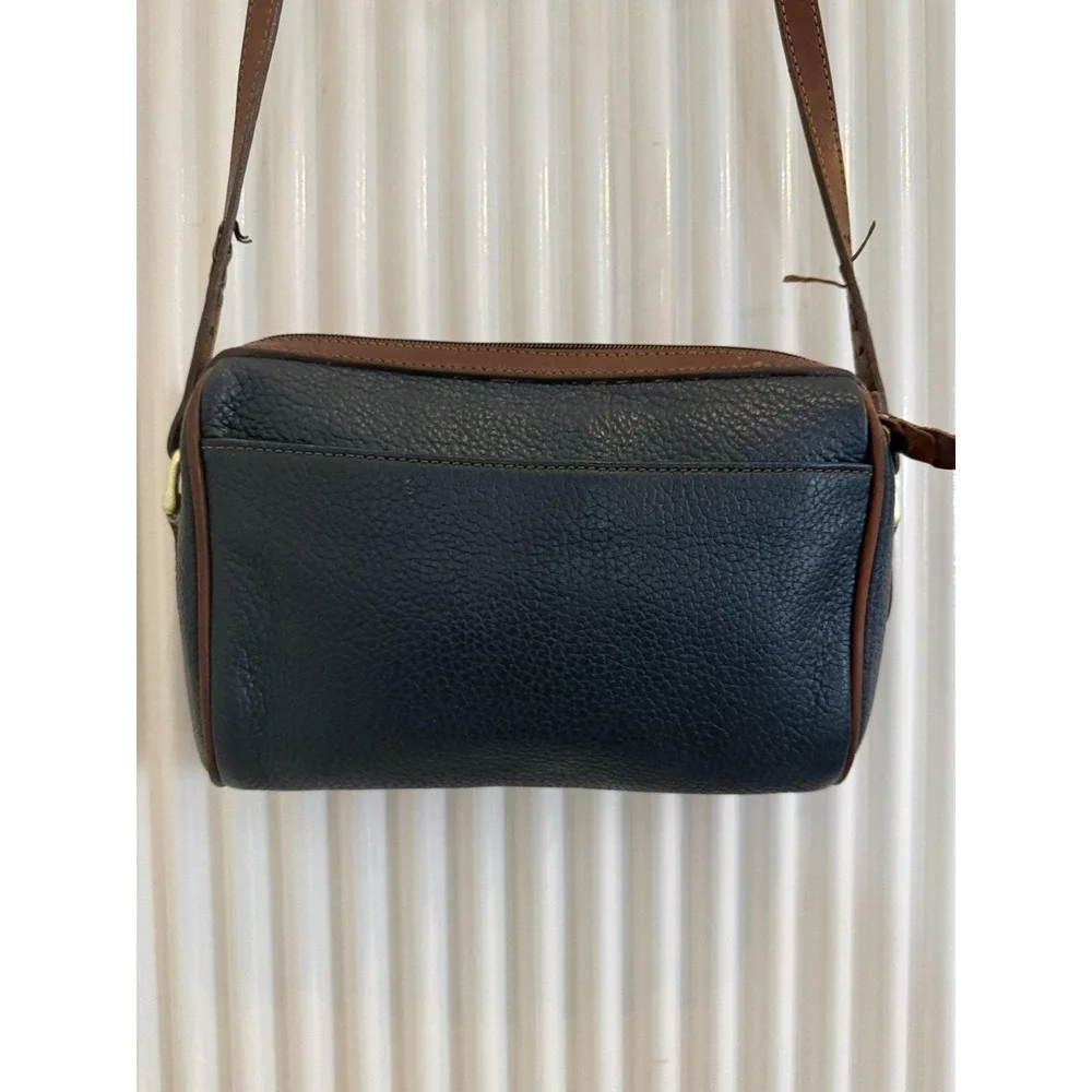 Vintage Liz Claiborne Bag Navy Pebbled Leather Handbag Brown Trim 80's 90's